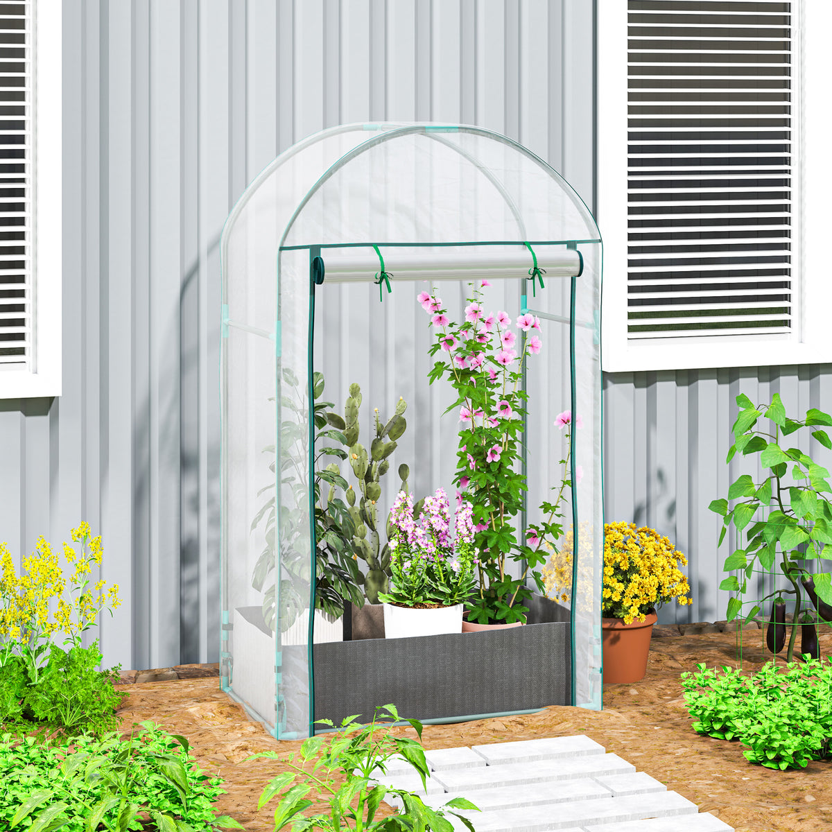 Mini serre de jardin serre balcon avec sac de plantation et housse en plastique renforcé, porte enroulable, transparente-1
