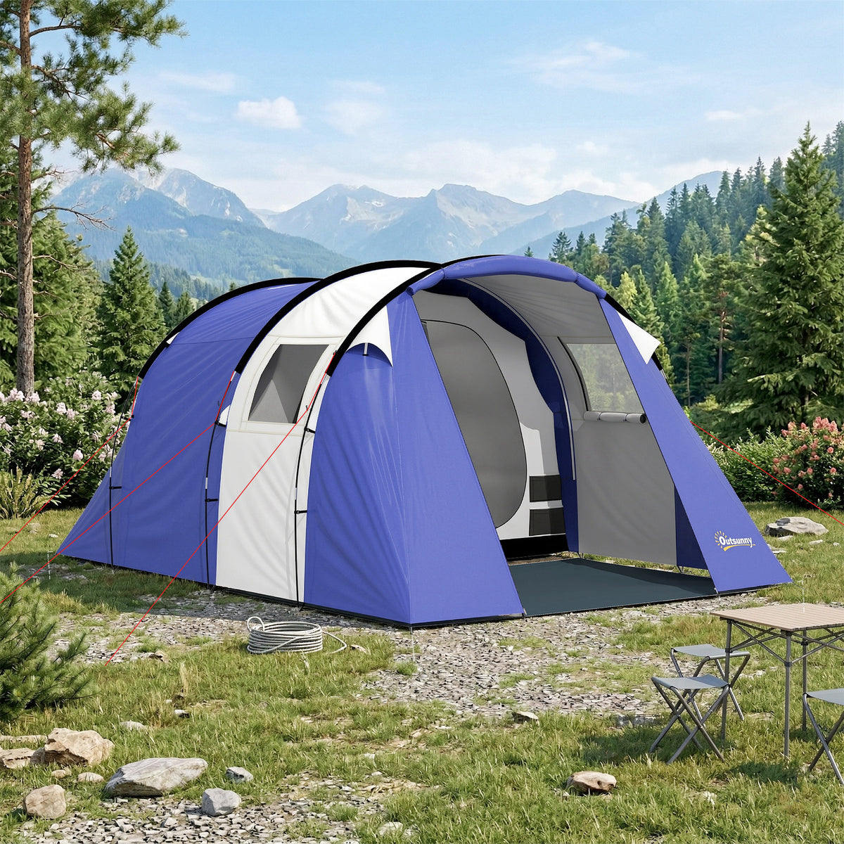 Tente de Camping pour 4 Personnes, 2 Chambres, Imperméable 3000mm, avec Tapis de Sol et Sac, 420x300x200cm, Bleu Foncé-1