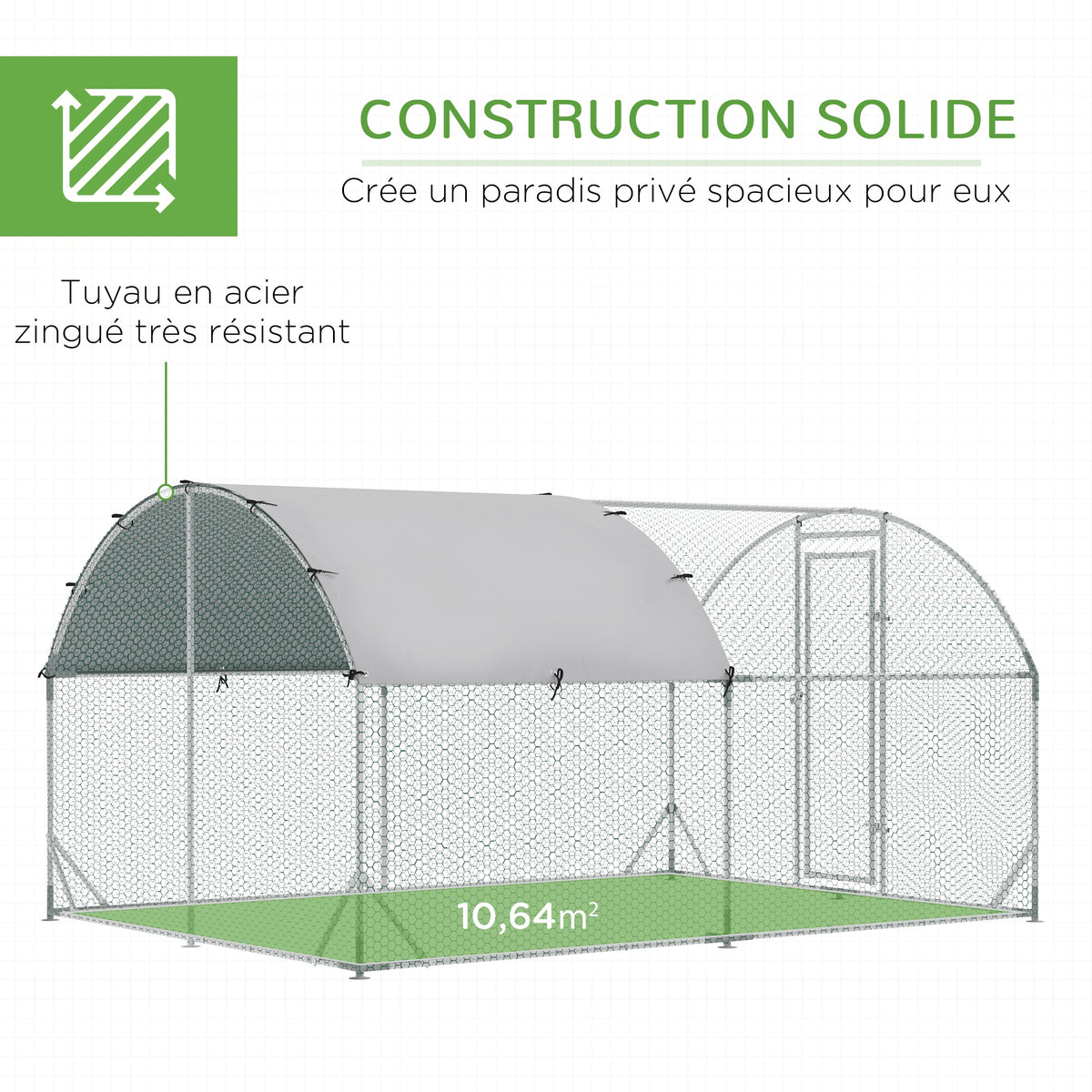 Grand enclos poulailler 10,64 ㎡ parc grillagé toit anti-UV porte verouillable 2,8 x 3,8 x 1,97 m argenté-5