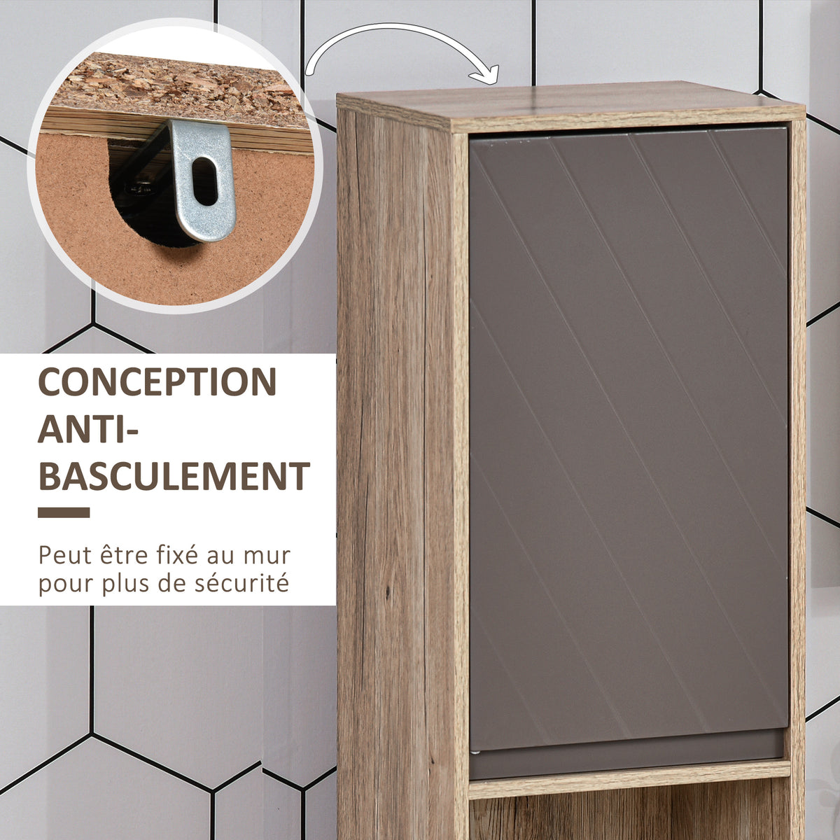 Meuble colonne salle de bain à 6 niveaux, meuble de rangement étroit avec 2 portes, 2 compartiments ouverts et étagère réglable, pour toilette, petits espaces, 30 x 24 x 170 cm gris et chêne-6