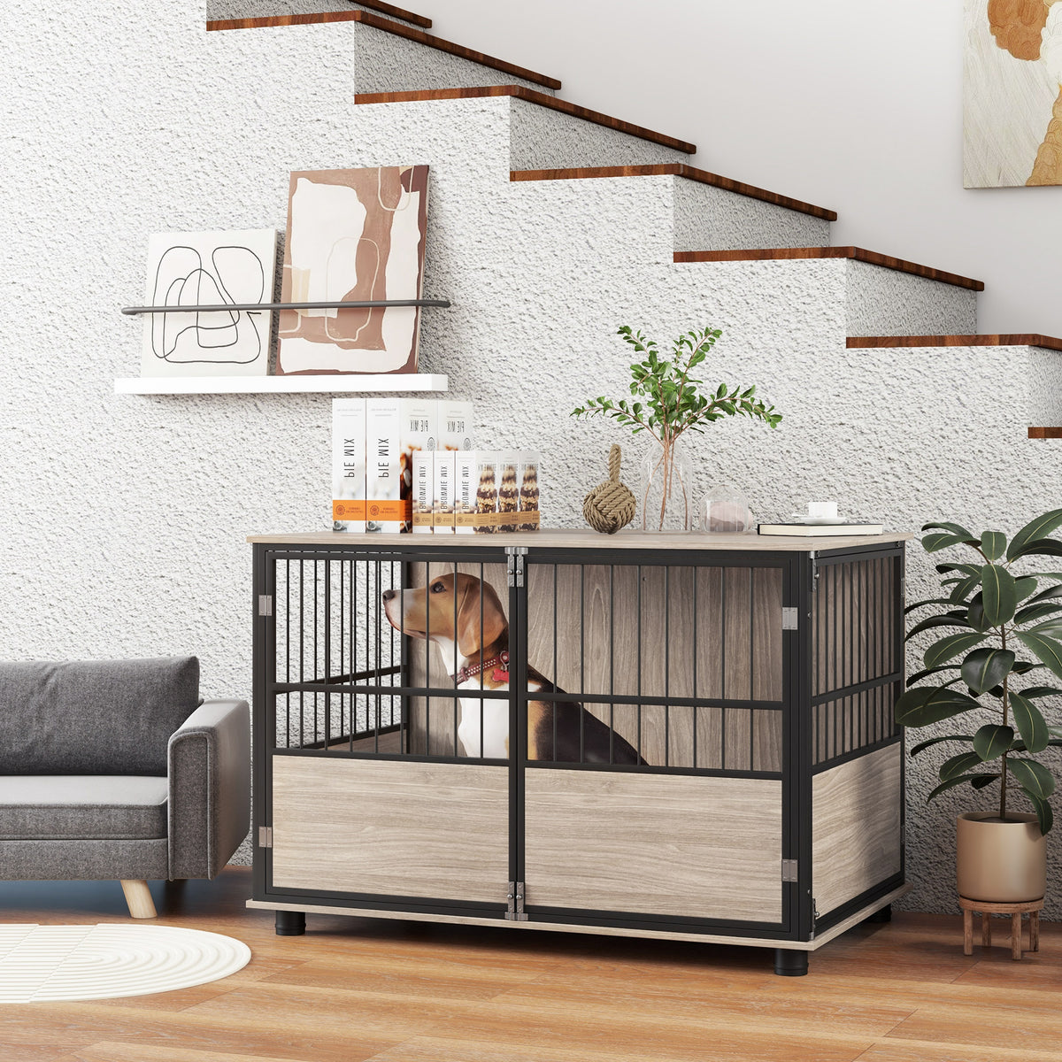 Cage pour chien intérieur, table d'appoint, 100 x 60 x 68 cm, niche, 3 portes verrouillables, aspect bois noir-1