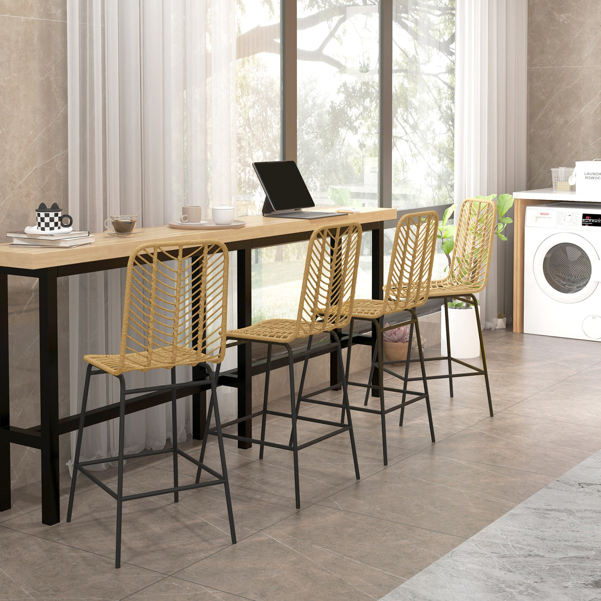 Lot de 4 tabourets de bar, chaises de bar, dossier en cannage et repose-pieds, cadre en acier, 42,5x52x102cm, jaune-6