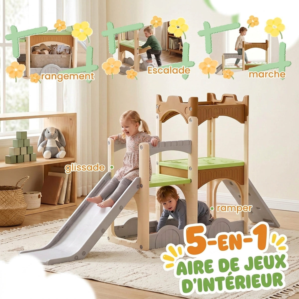 Toboggan pour Enfant 5 en 1 avec Mur d'Escalade, Espace de Rangement et Doubles Plateformes, 3 à 6 Ans, Multicolore-3