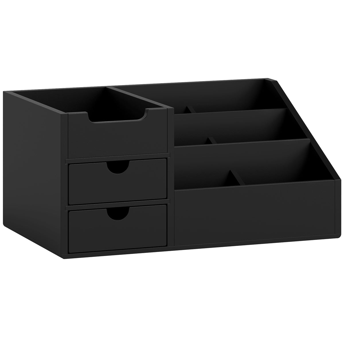 Boite de Rangement de Bureau - Organiseur de Bureau - 7 Compartiments, 2 tiroirs - Bambou Verni Noir-0