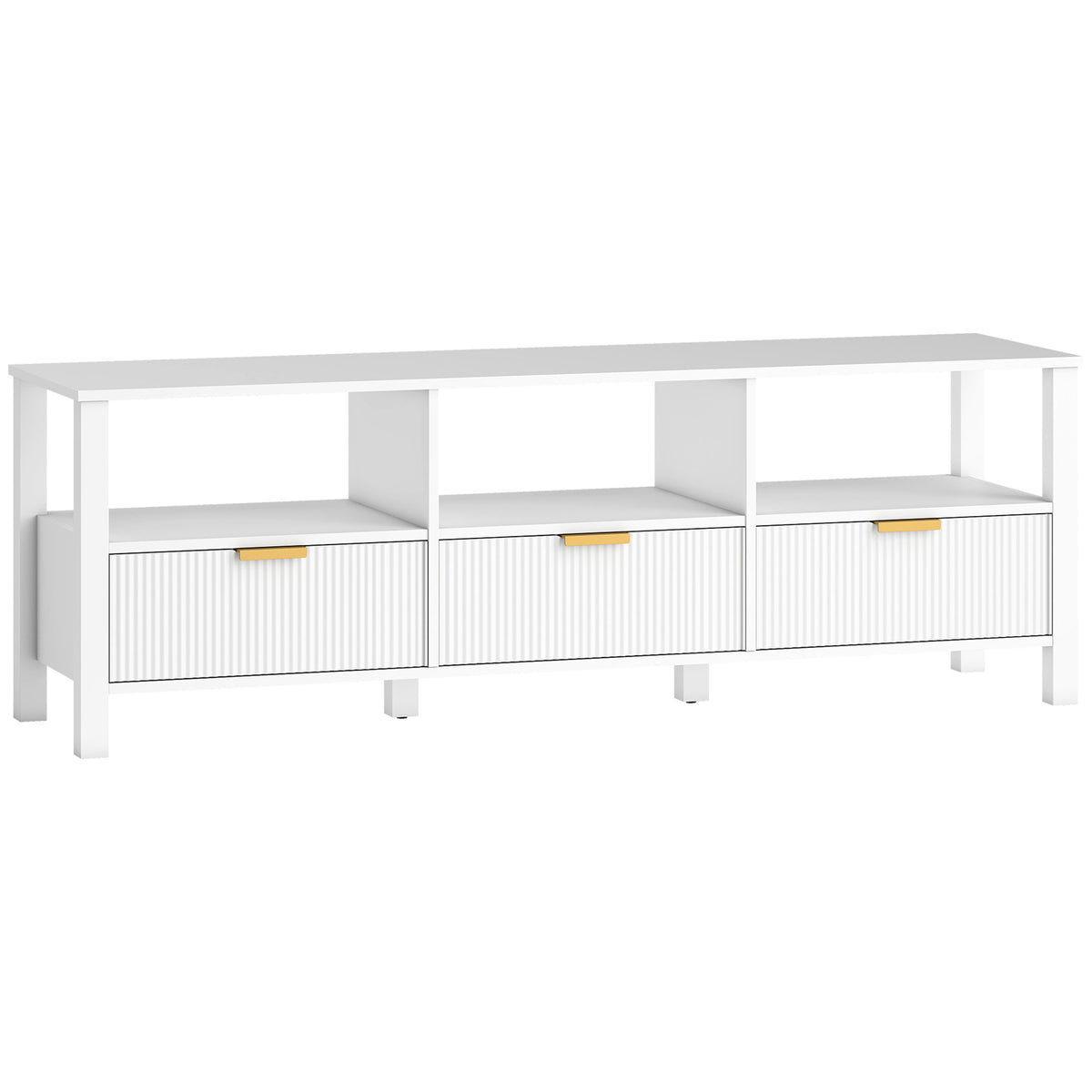 Meuble TV 152 cm, meuble télé pour téléviseur 65 pouces avec 3 tiroirs et 3 étagères ouvertes, 152x39,5x50cm, blanc-0