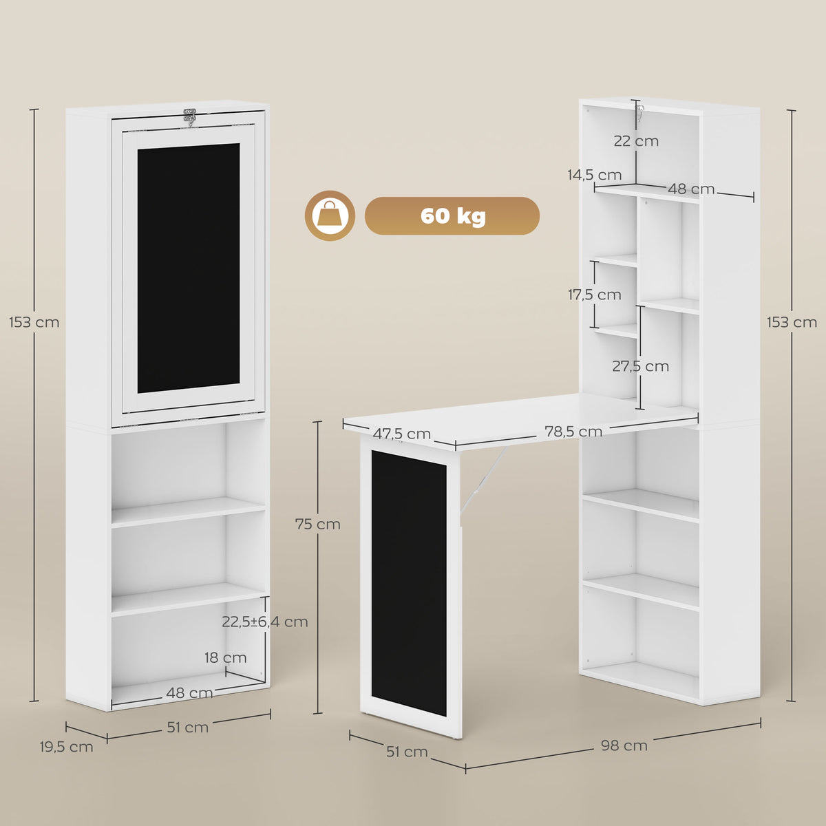 Bureau avec rangement pliable murale rabattable avec bibliothèque poste de travail tableau à craie et étagère réglable-2