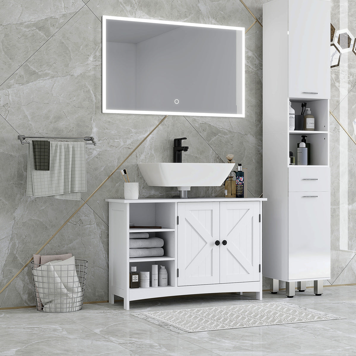 Meuble sous vasque lavabo salle de bain style classique placard 2 portes étagères réglables 90 x 30 x 60 cm blanc-1