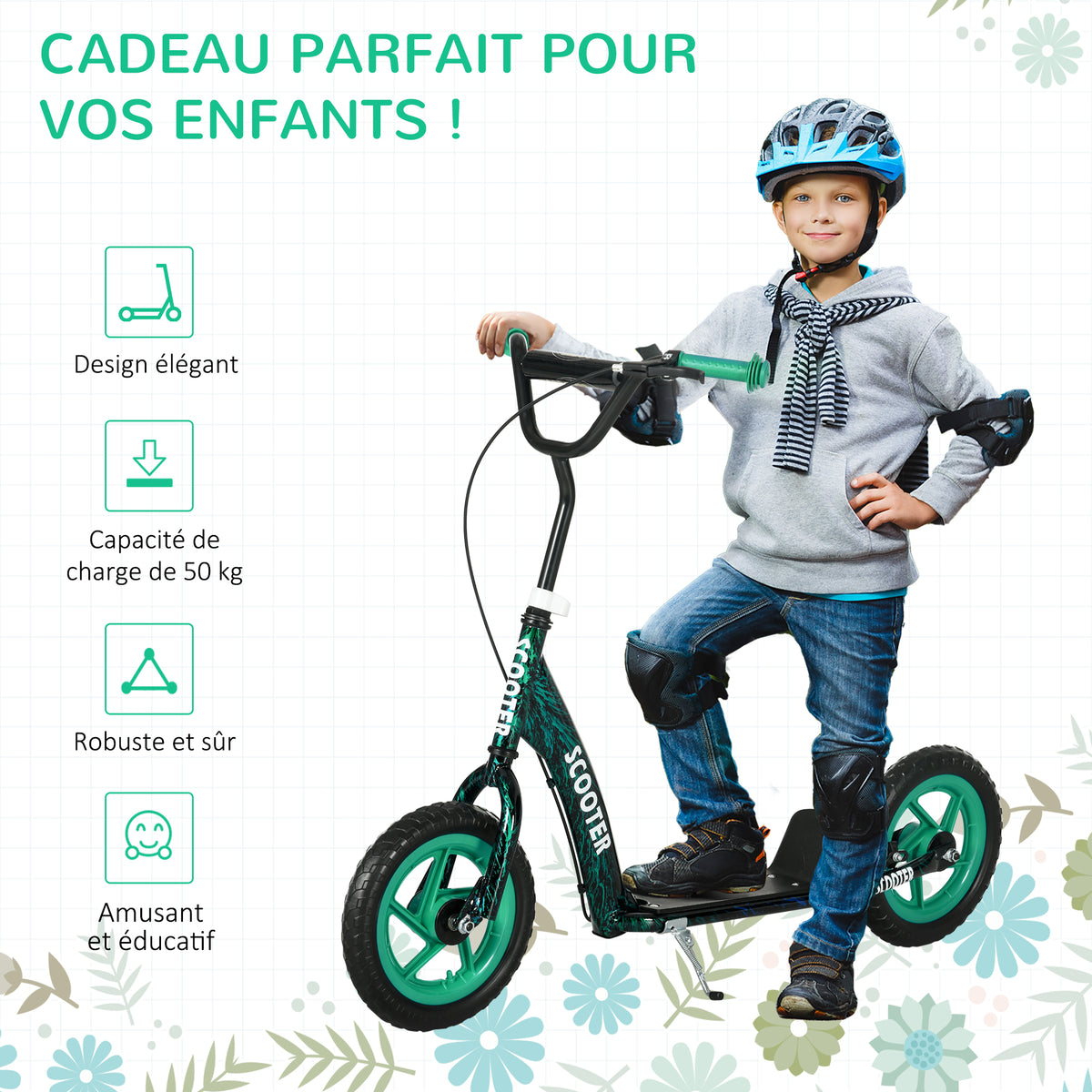 Trottinette patinette scooter enfant grandes roues de 6 à 12 ans hauteur réglable frein arrière béquille vert-6