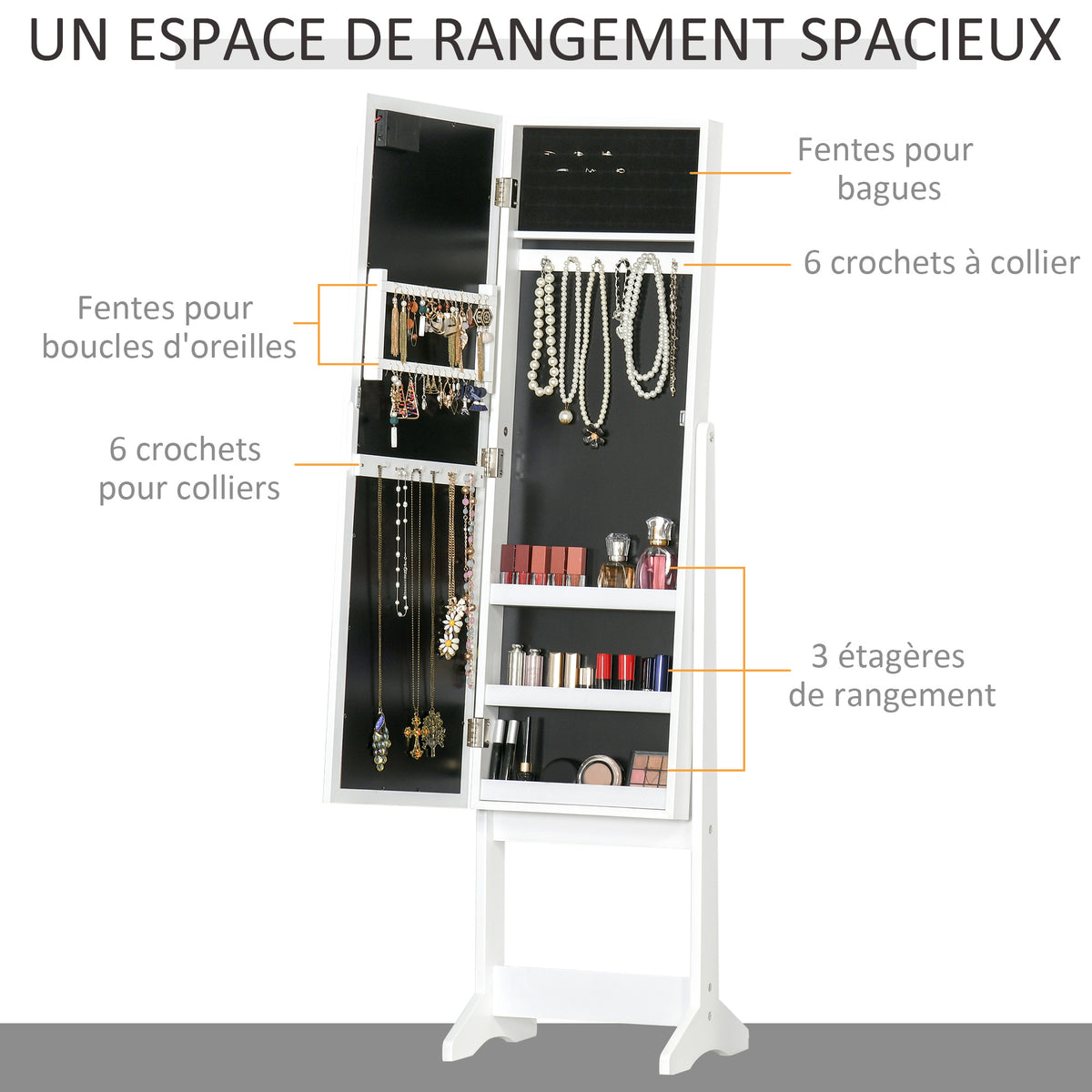 Armoire à bijoux armoire de rangement sur pieds boîte à bijoux avec miroir multi-rangements éclairage LED blanc-3