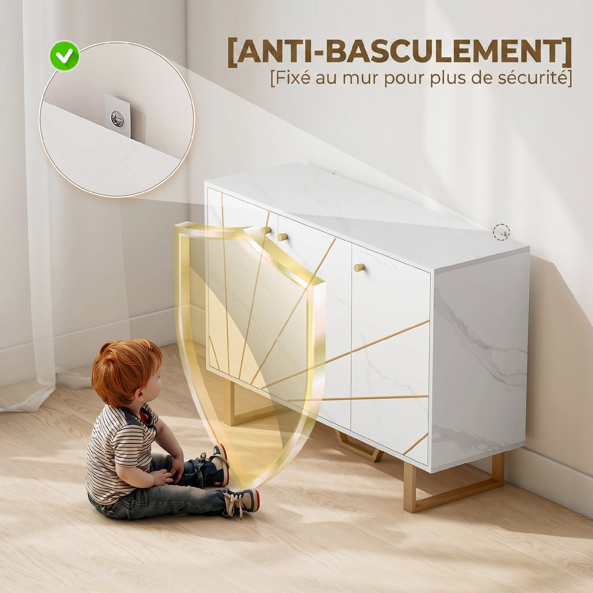 Meuble de rangement buffet salon avec 2 placards 3 portes et étagère réglable, pieds en métal, aspect marbre blanc-6