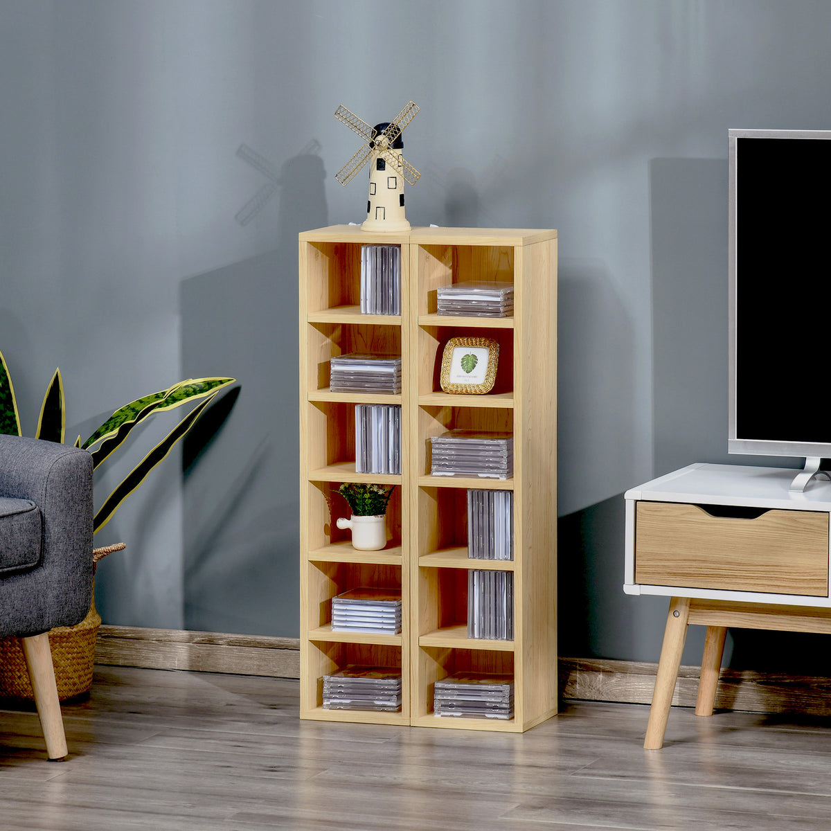 Lot de 2 étagères colonnes Armoire de Rangement CD-DVD 6 + 6 Compartiments dim. 21L x 19l x 88H cm capacité Max. 160 CD Naturel-9