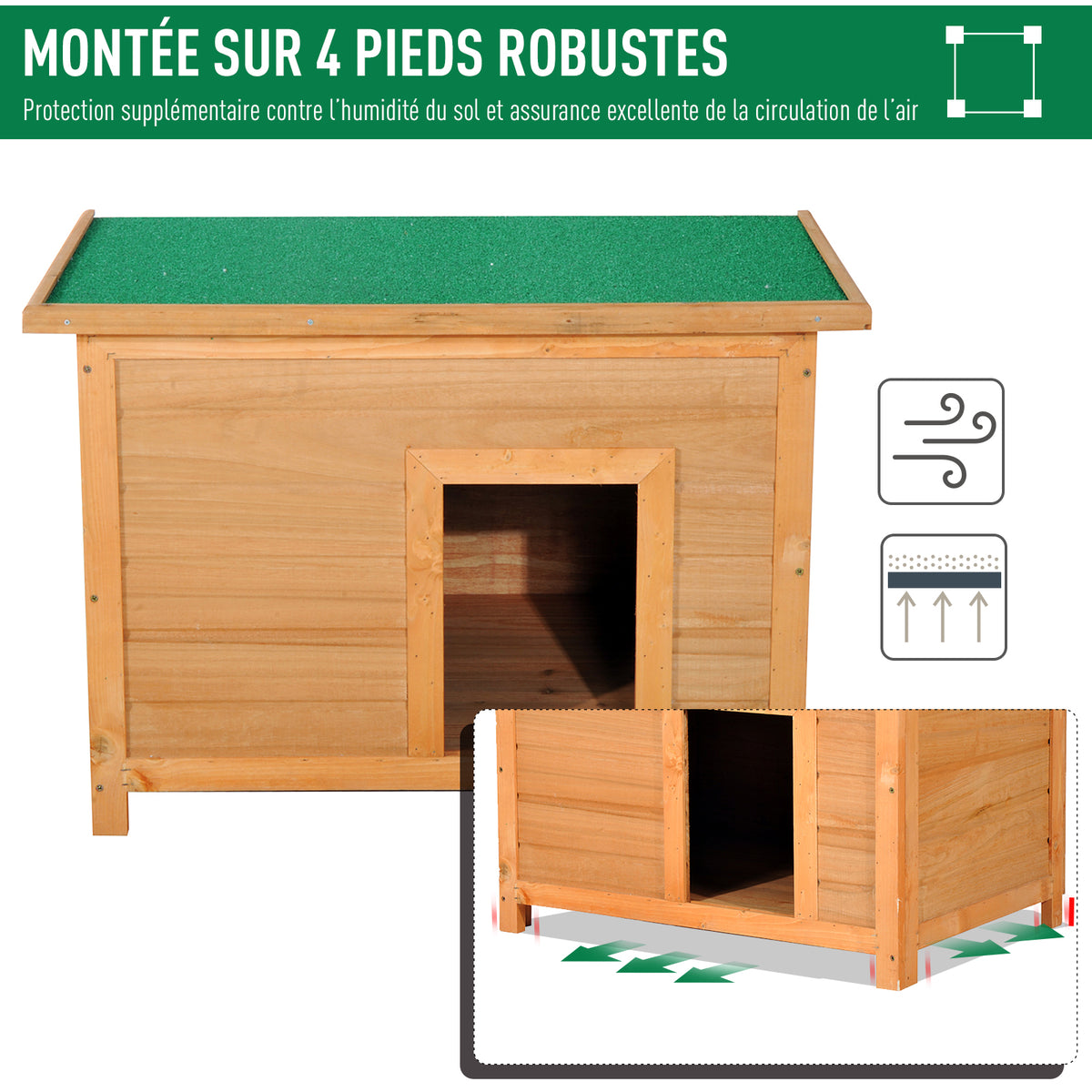 Niche pour chien chat en bois sur pied chenil toit ouvrant bitumé pin massif pré-huilé 85 x 58 x 58 cm-4