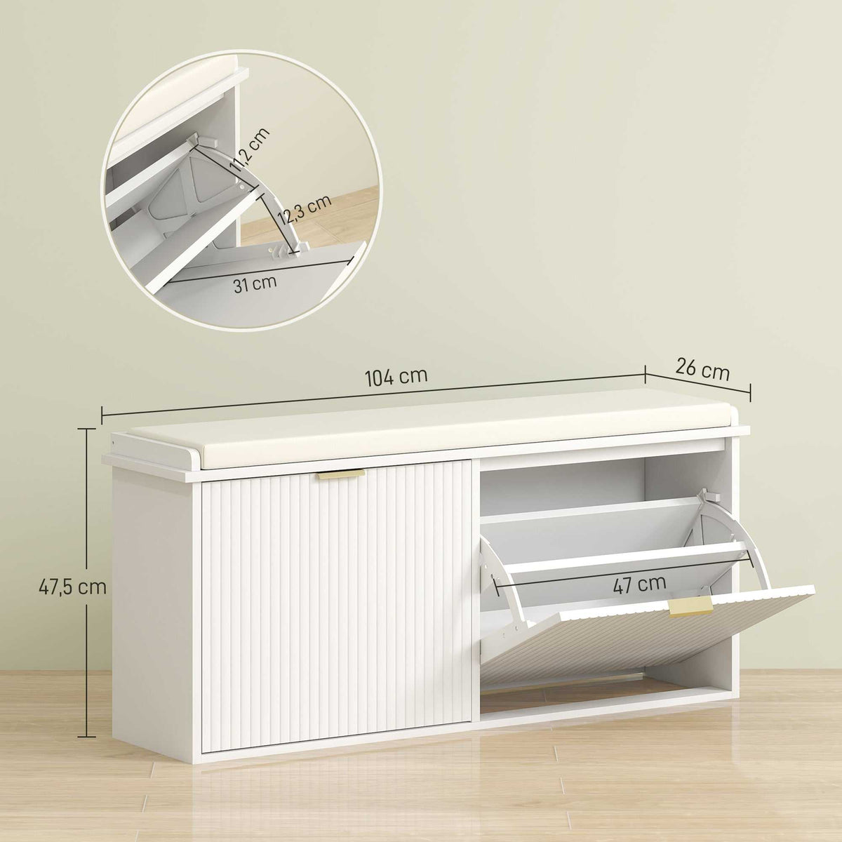 Banc à chaussures avec coussin d'assise rembourré et tiroir rabattable pour couloir, chambre, 104 x 26 x 47,5 cm, blanc-2