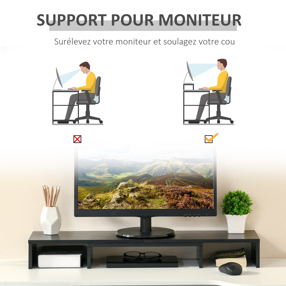 Rehausseur écran PC extensible, longueur réglable de 80-117 cm, pour ordinateur portable, ordinateur, PC, noir-3