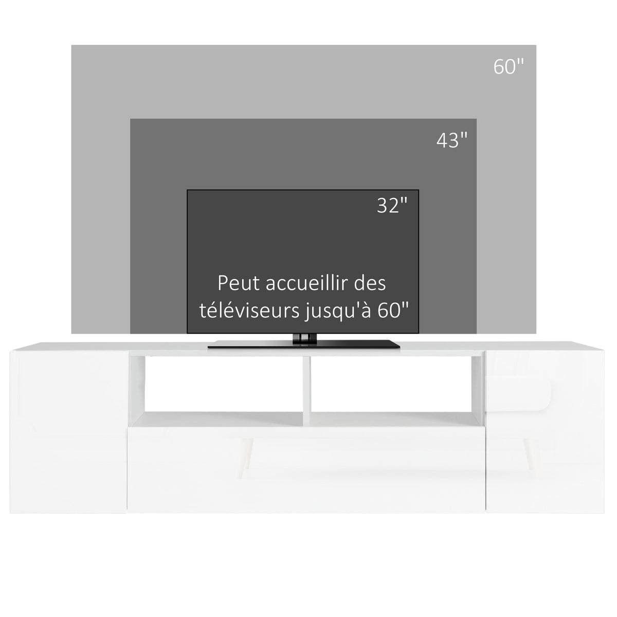 Meuble TV, banc TV, meuble de télévision, jusqu'à 60 pouces, avec lumières LED, 2 étagères et placards, panneau de porte brillant, 137 x 35 x 42 cm, blanc-6