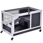 Clapier lapin intérieur, cage à lapins avec toit ouvrant, roulettes, plateau amovible et rampe, cage en bois, 90 x 53 x 59 cm, gris foncé et blanc-0