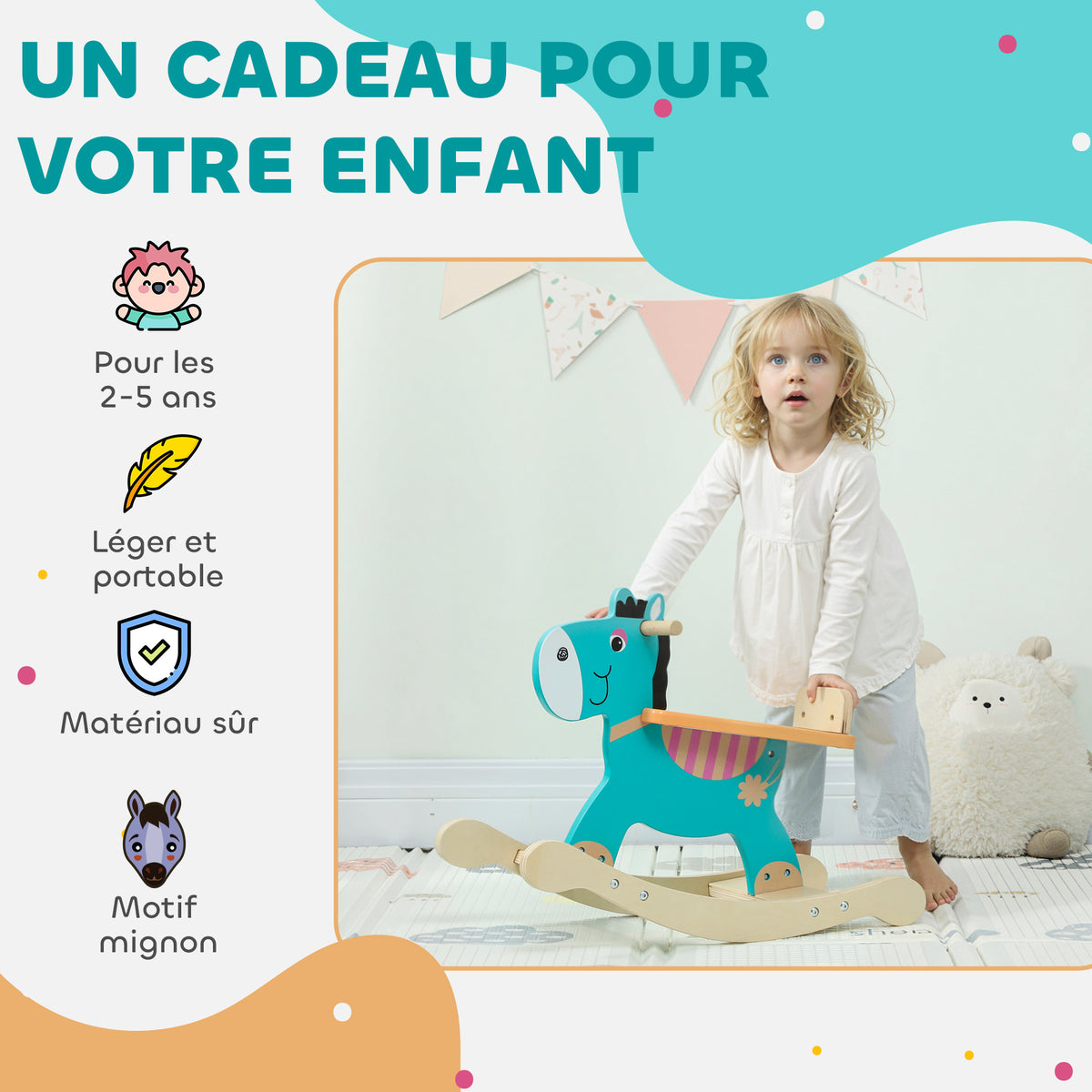 Cheval à bascule pour enfants, âne jouet à bascule bébé en bois avec guidon et base stable, 59 x 27 x 43 cm, vert foncé-5