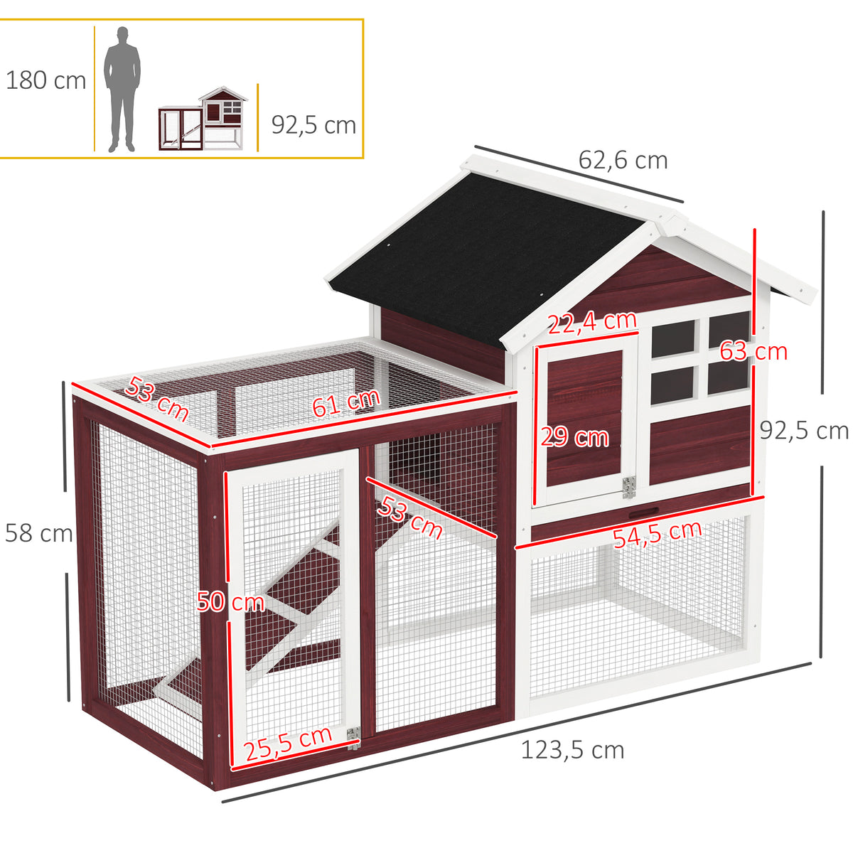 Clapier cage à lapins multi-équipé : niche supérieure avec rampe, plateau excrément, fenêtre + enclos extérieur sécurisé 2 portes 123,5L x 62,6l x 92,5H cm rouge brique-2