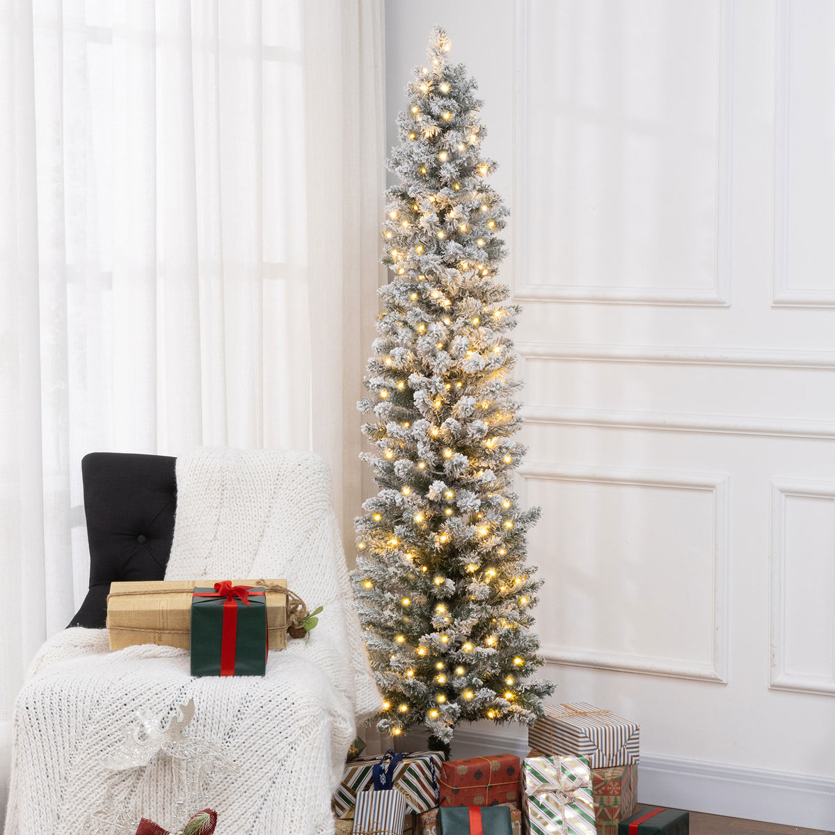 Sapin de Noël artificiel 180 cm avec éclairage LED blanc chaud, 329 branches enneigées, base en métal, réaliste et fin-1