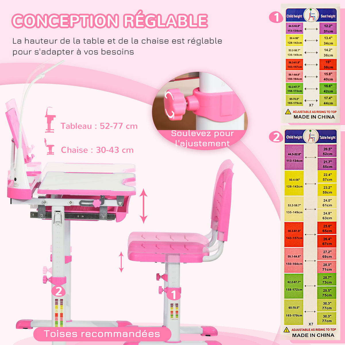 Ensemble chaise et bureau pour enfants avec lampe LED hauteur réglable plateau incliné support de lecture rose-3