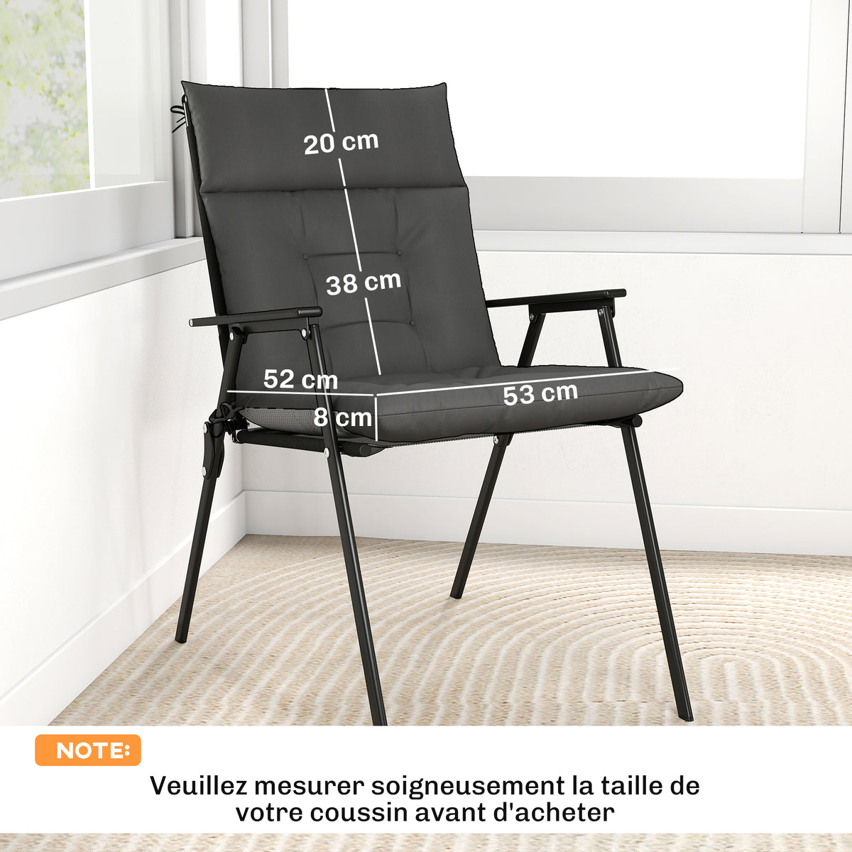 Lot de 4 coussins pour chaises de terrasse, résistants à l'eau, antidérapants, avec liens, 112x53cm, Gris Foncé-2