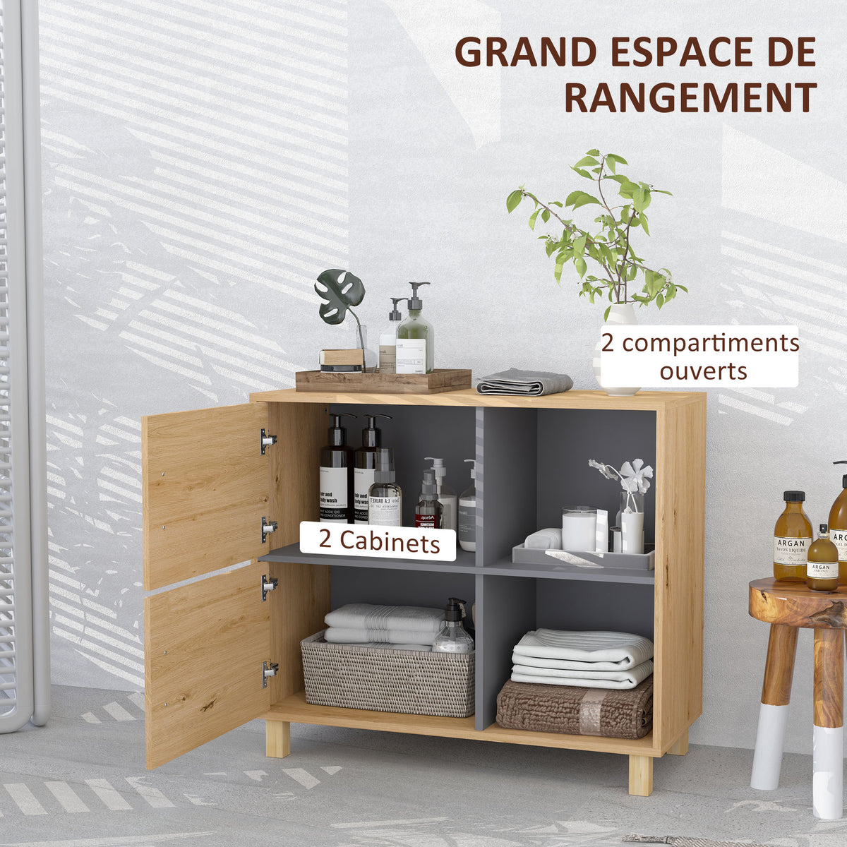 Meuble de salle de bain, meuble de rangement avec compartiments ouverts et placard, dim. 80 x 35 x 70 cm, bois naturel-3