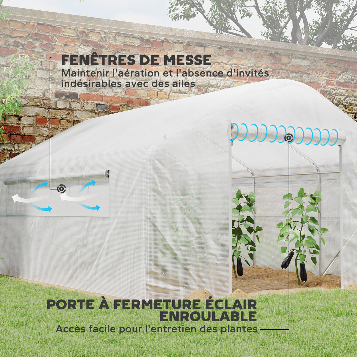 Serre de jardin 4 x 3 x 2m avec portes enroulables et grandes fenêtres, serre tunnel de jardin, blanc-4