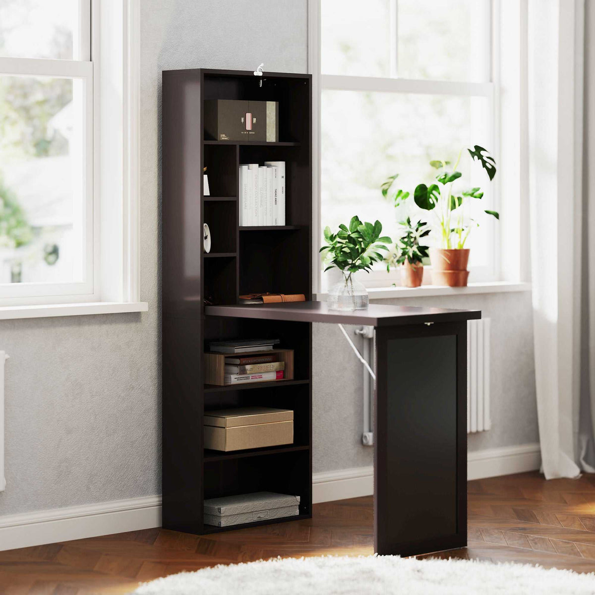 Bureau avec rangement pliable murale rabattable avec bibliothèque poste de travail tableau à craie et étagère réglable-1