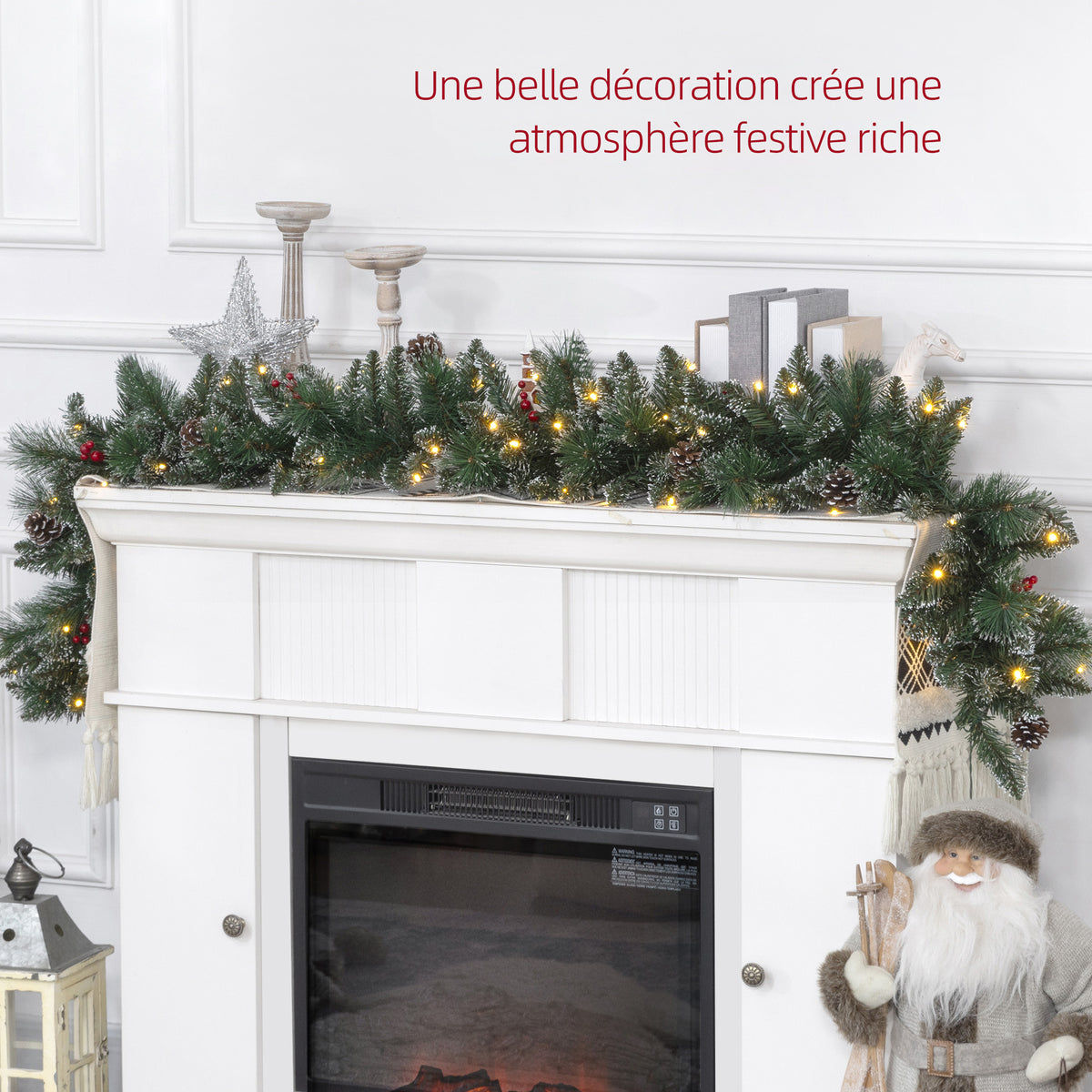 Guirlande de Noël artificielle lumineuse de 1,8 m avec pommes de pin, grappes de baies, 50 lumières LED et minuterie-3