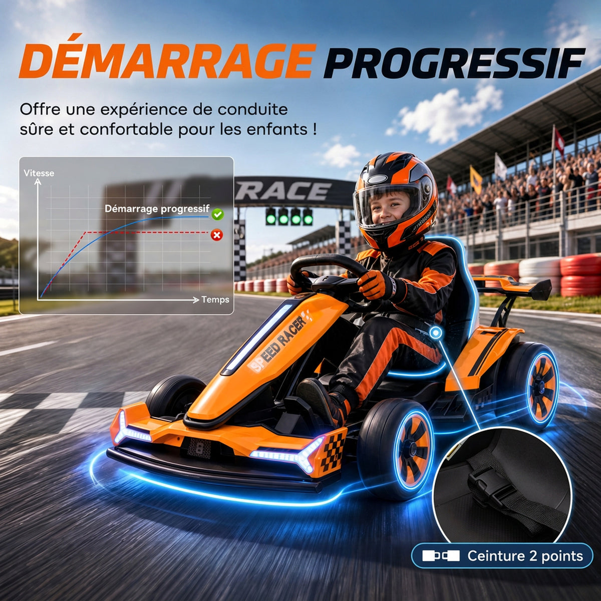 Kart Électrique pour Enfants 12 V, Go Kart, 2 Moteurs, Siège Réglable, Batterie au Lithium, Démarrage Progressif, Orange-6