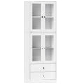Buffet haut cuisine, armoire de cuisine avec portes vitrées, tiroirs et étagères réglables, 59x30x170cm, blanc brillant-0