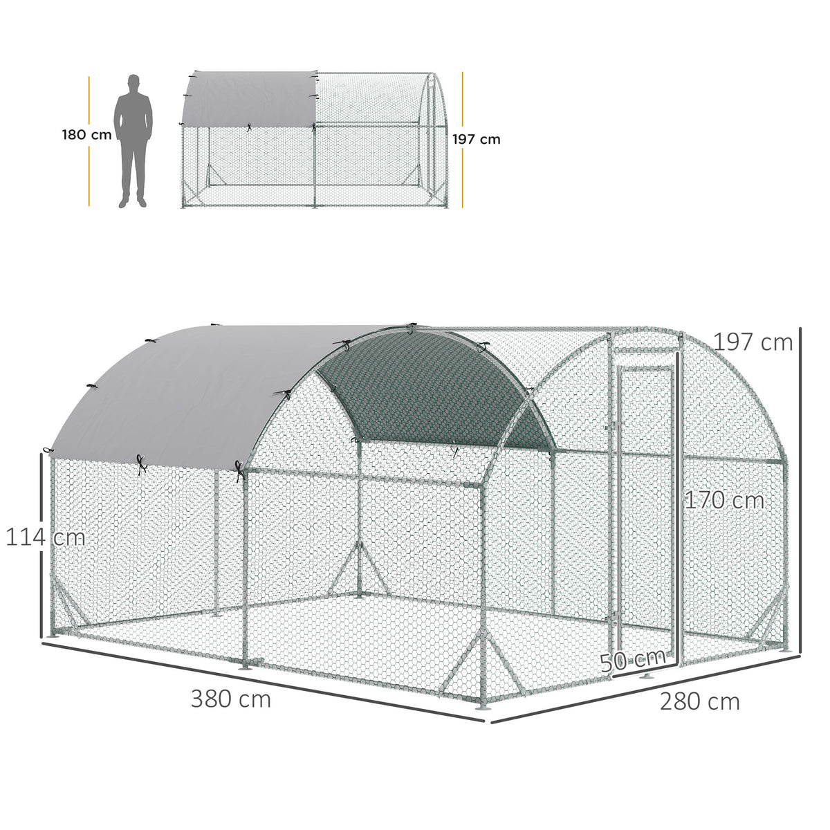 Grand enclos poulailler 10,64 ㎡ parc grillagé toit anti-UV porte verouillable 2,8 x 3,8 x 1,97 m argenté-2