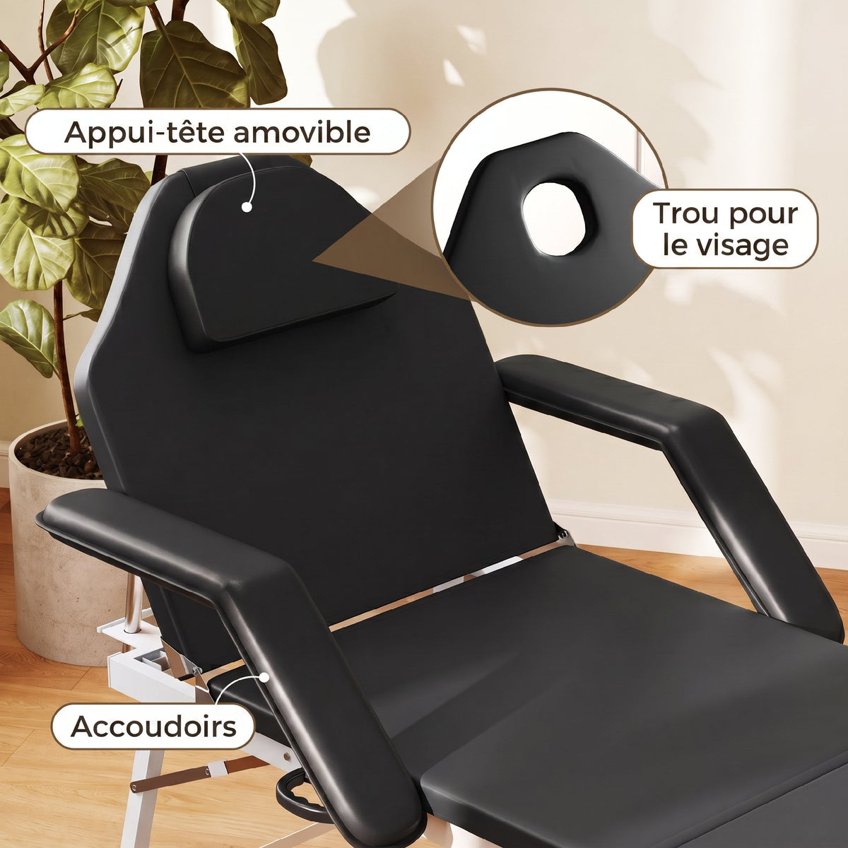 Table de massage pliante, lit de massage 3 zones portable 182 x 62 cm avec appuie-tête et accoudoirs amovibles, noir-6
