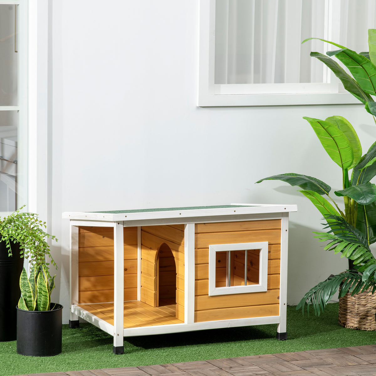 Niche pour chien extérieur maison chien intérieur en bois avec toit ouvrant et fenêtre 85,5L x 62l x 60H cm orange-1