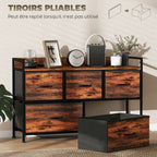 Commode, meuble de rangement avec 5 tiroirs en tissu pliables, plateau et cadre en acier, 98 x 29 x 63 cm, brun rustique-5