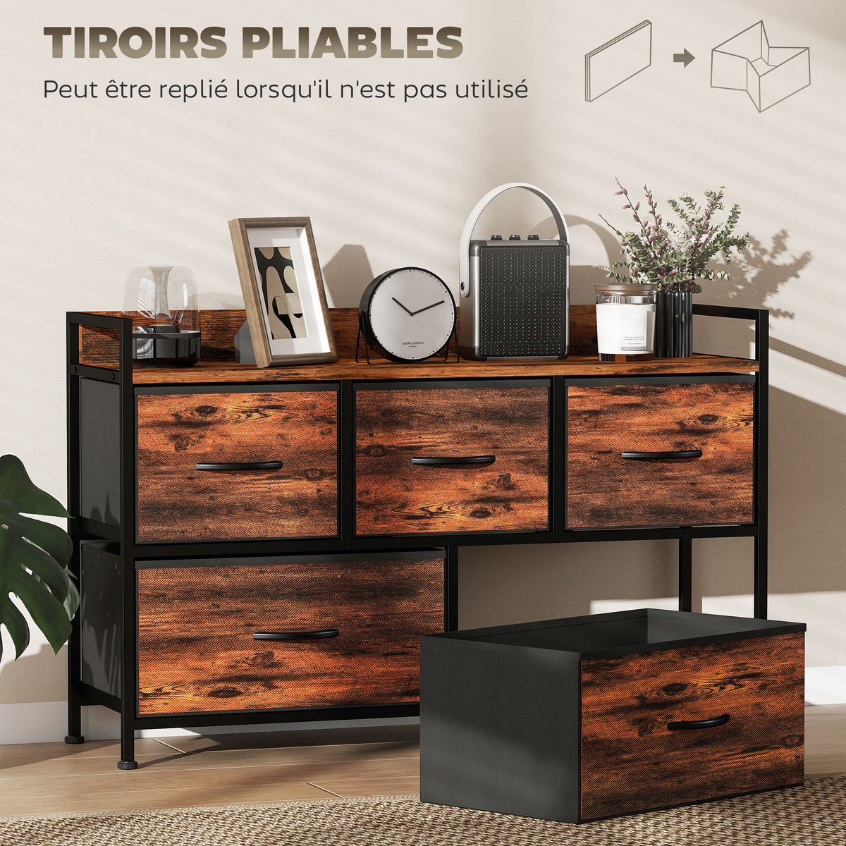 Commode, meuble de rangement avec 5 tiroirs en tissu pliables, plateau et cadre en acier, 98 x 29 x 63 cm, brun rustique-5