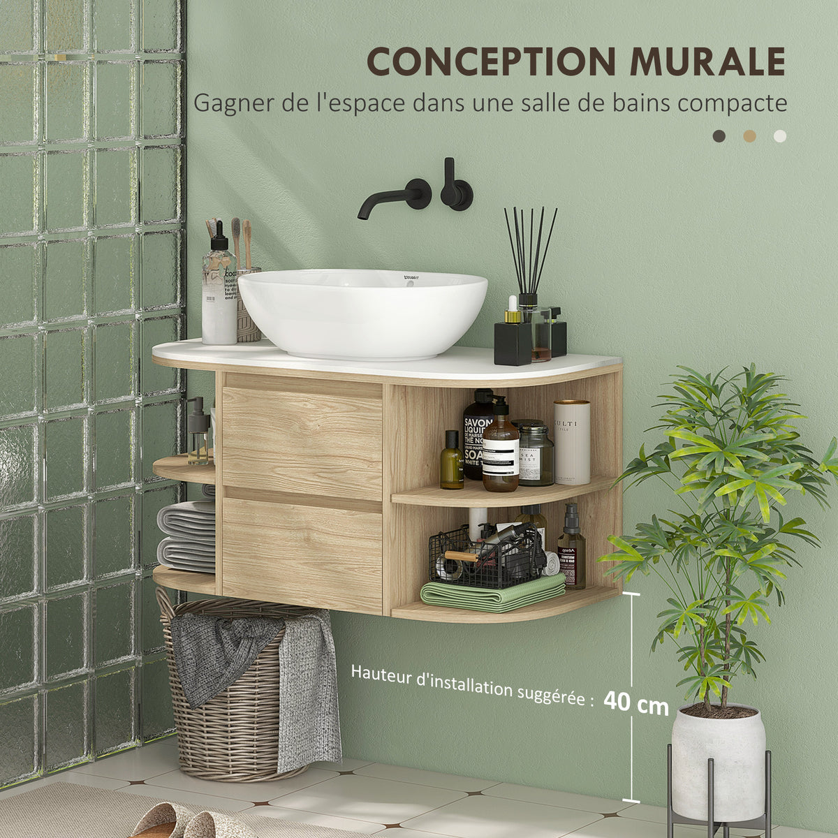 Meuble sous lavabo salle de bain suspendu meuble sous vasque avec tiroirs à fermeture douce et étagères, marron-3