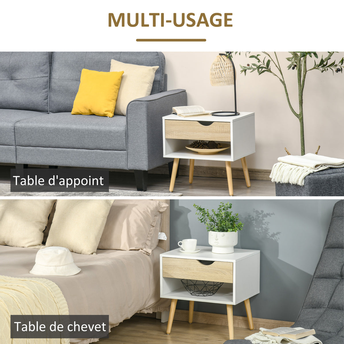 Table de chevet, table de nuit, avec tiroir, design moderne, pieds en bois massif, 50 x 39 x 51 cm, blanc et bois naturel-3