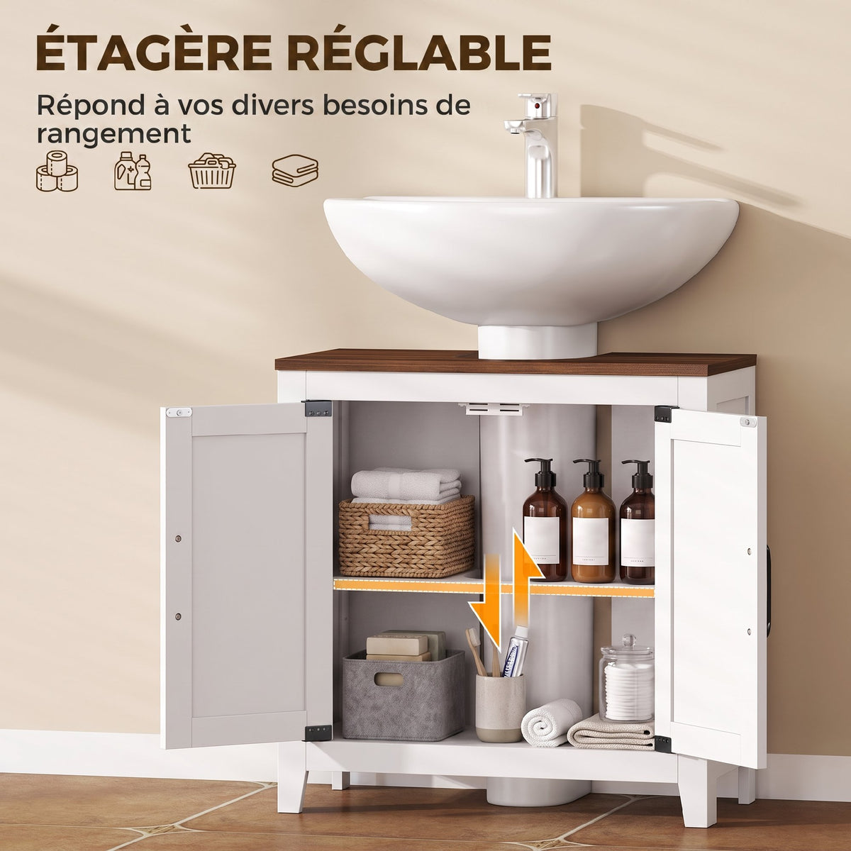 Meuble sous lavabo, meuble de salle de bain moderne avec 2 portes de grange et étagère réglable, blanc-5