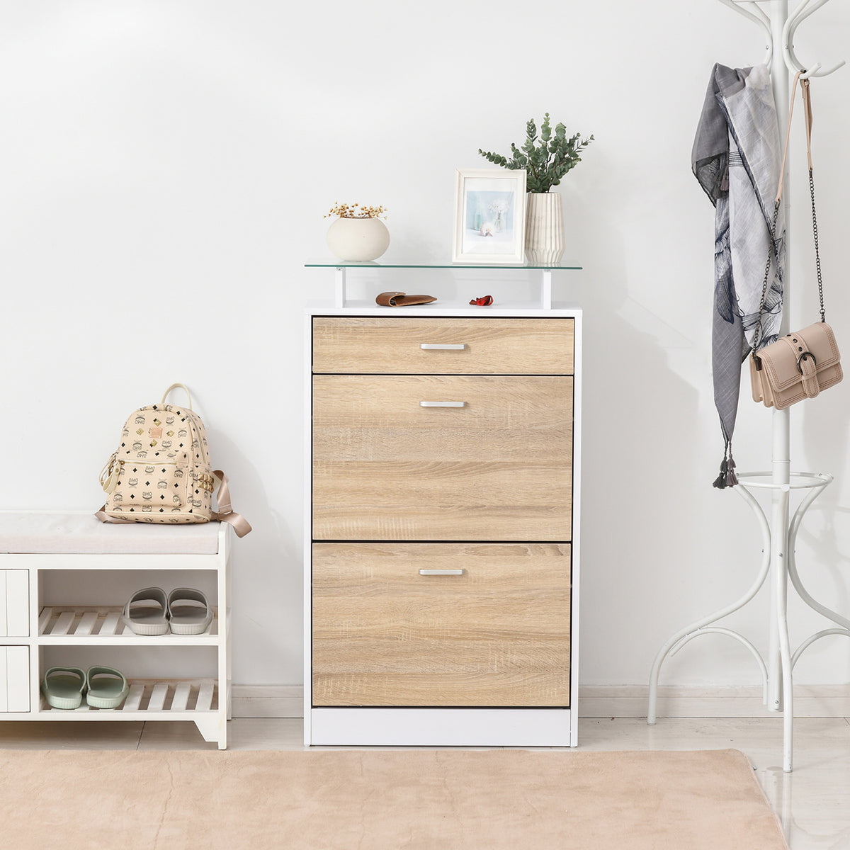 Armoire à Chaussures Meuble rangement Chaussures 2 Portes abattantes 2 Compartiments, tiroir, Plateau en Verre - Bois chêne Blanc-6
