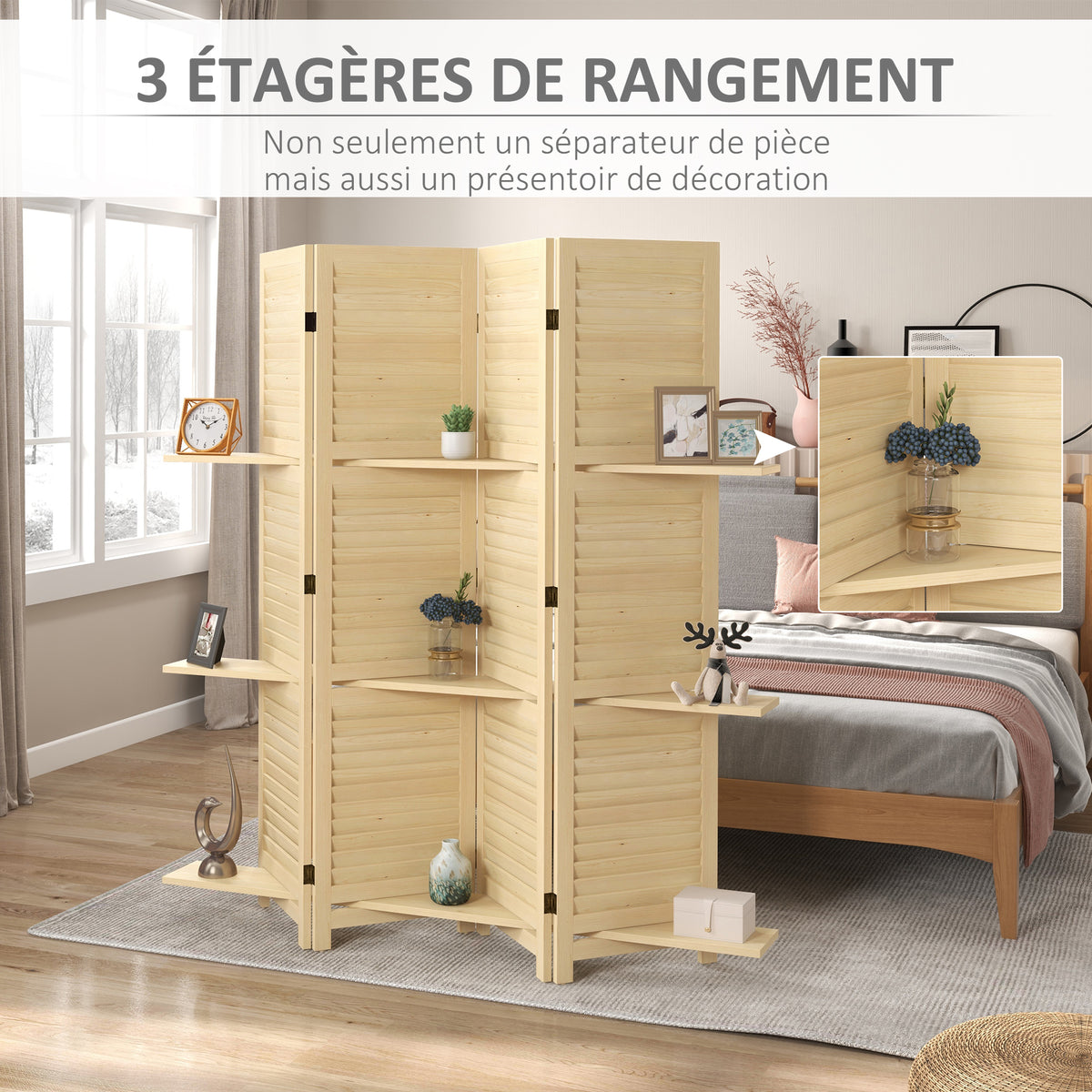 Paravent intérieur 4 panneaux 160L x 170H cm 3 étagères pliables séparateur de pièce portes persiennes naturel-3