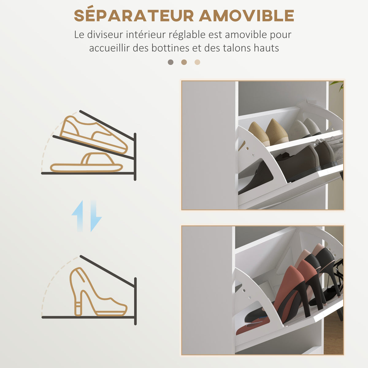 Meuble à chaussures, 3 portes abattants 15 paires, étagères réglables, pour entrée, couloir, 54 x 24 x 117,5 cm, blanc-5