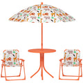 Salon de jardin enfant, table enfant avec 2 chaises pliantes et parasol Ø 100 cm, motif animal, orange-0