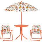 Salon de jardin enfant, table enfant avec 2 chaises pliantes et parasol Ø 100 cm, motif animal, orange-0