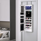 Armoire à bijoux suspendue au mur ou à la porte avec miroir, LED, 5 étagères, 2 tiroirs, 37x10x120cm, effet bois grisé-1