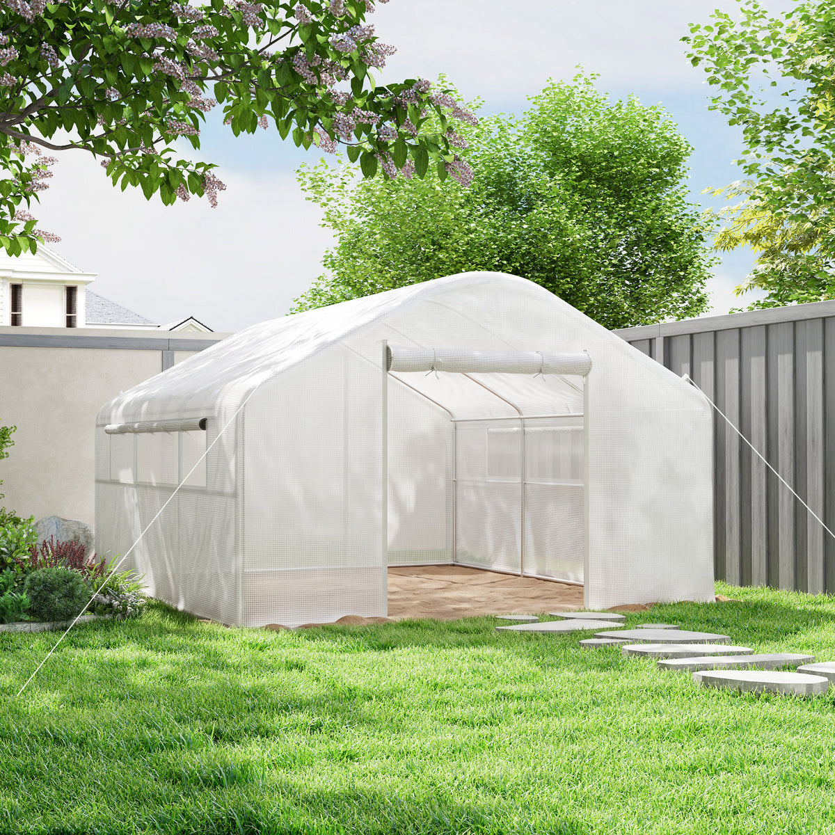 Serre de jardin 4 x 3 x 2m avec portes enroulables et grandes fenêtres, serre tunnel de jardin, blanc-1