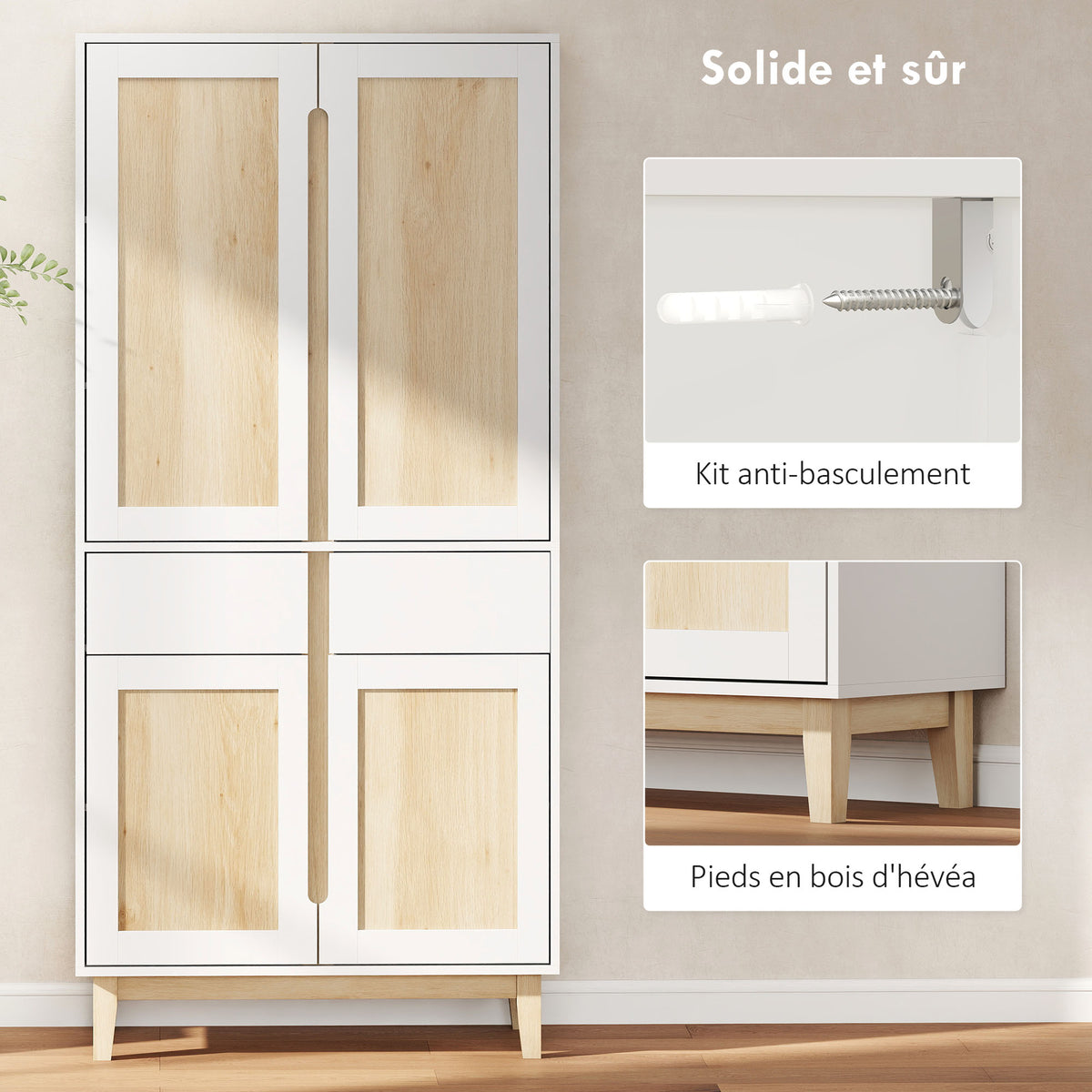 Buffet haut cuisine, armoire de cuisine avec 4 portes, 2 tiroirs et étagères réglables, 80x35x170cm, blanc et chêne-6