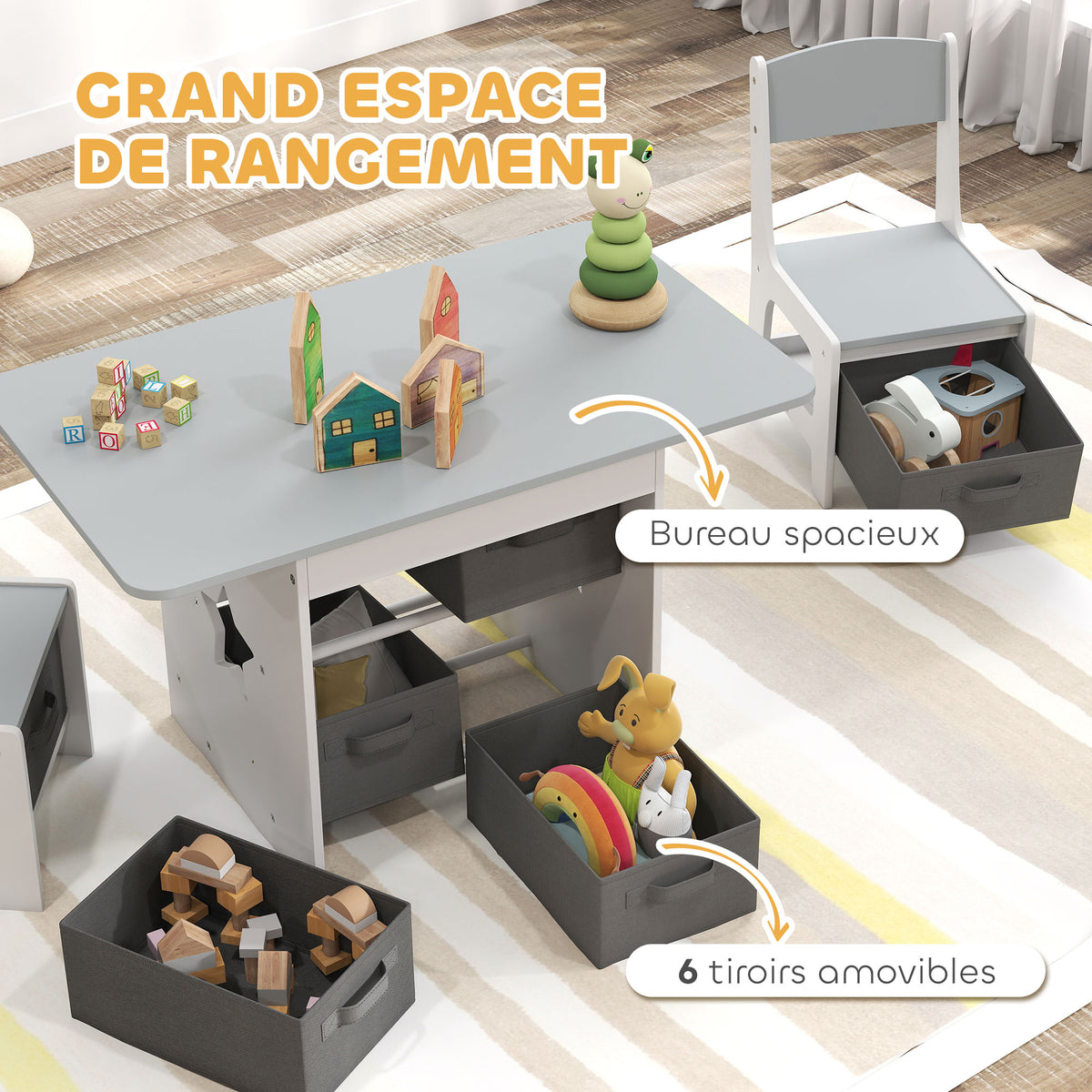 Ensemble table et 2 chaises enfant avec 6 tiroirs amovibles, pour fille garçon 3-8 ans, gris-4