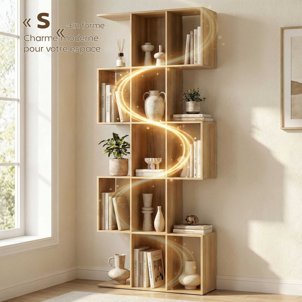 Bibliothèque à 5 niveaux, étagère de rangement en forme S avec 15 compartiments ouverts, 80 x 24 x 200 cm, chêne-3