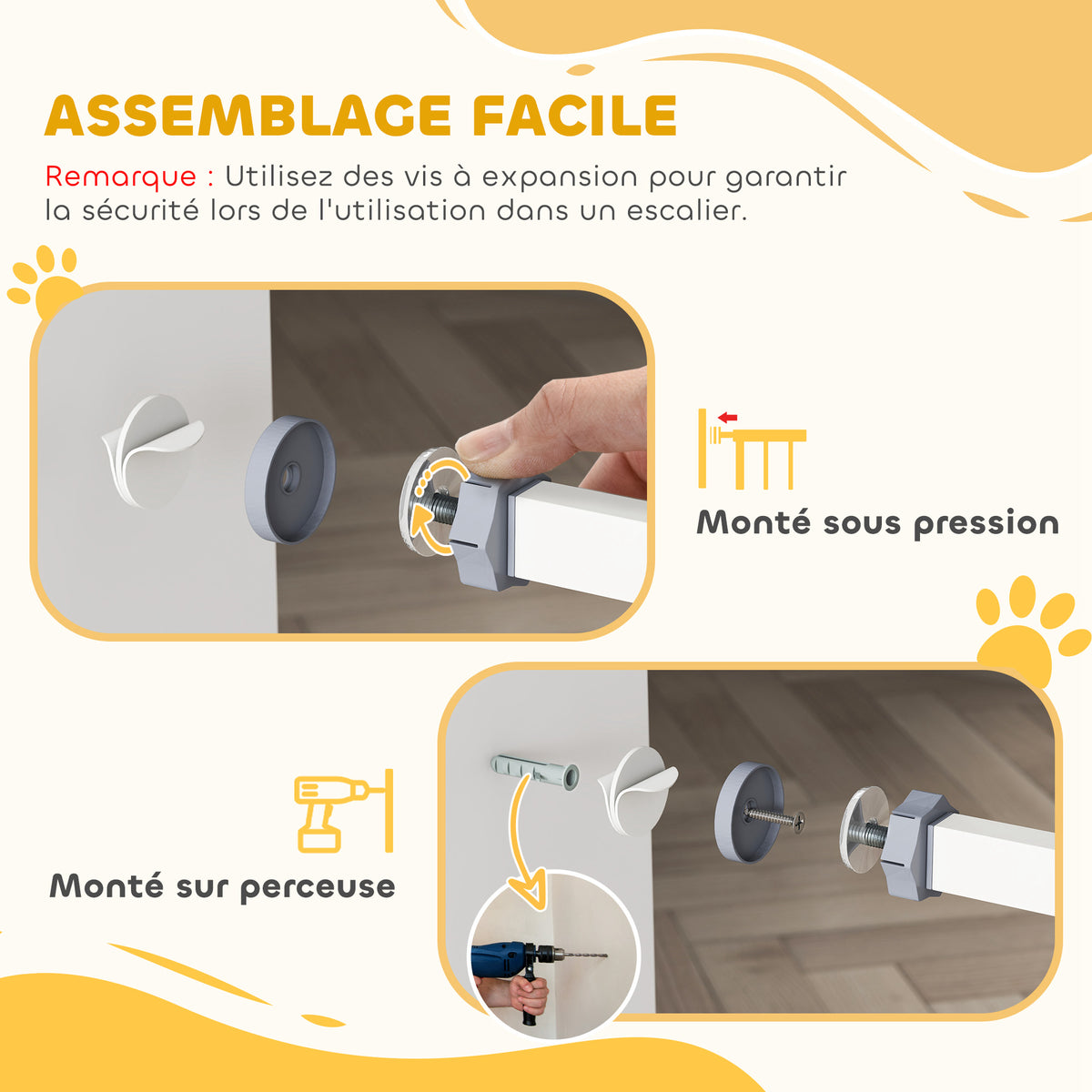 Barrière de sécurité largueur réglable 74-80 / 91,5-97,5 cm double verrouillage fermeture automatique barrière chien pour porte couloir escalier sans perçage acier blanc-6
